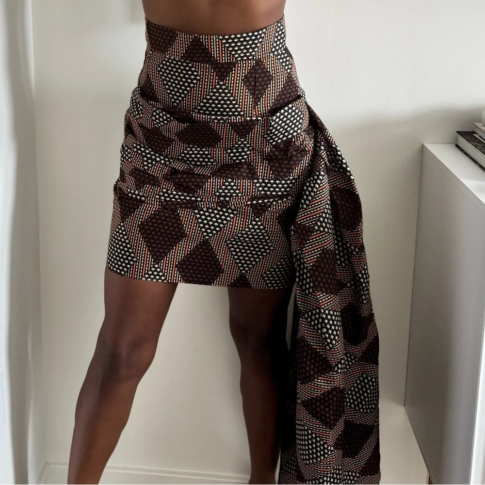 NWOT Custom Made African Print Skirt with Drape Detail in Brown